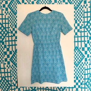 Vintage 70s teal and white geometric short sleeve a-line dress size S